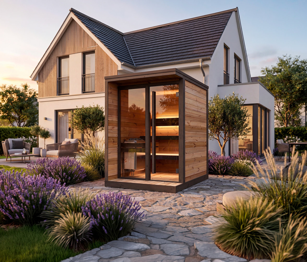 Ein modernes weißes Haus mit Holzakzenten und dunklem Dach, von einem Garten mit einer hölzernen Außensauna aus gesehen. Lavendelbüsche und Ziergräser säumen einen Steinweg, der zur Sauna führt. Eine Terrasse mit Gartenmöbeln ist im Hintergrund sichtbar.