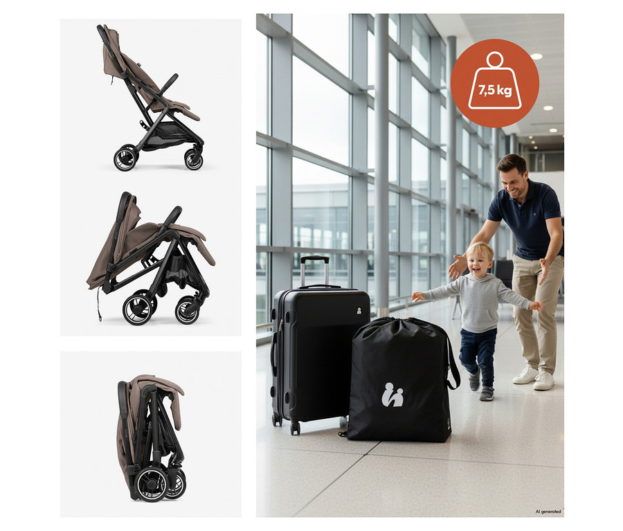Ein Hauck Kinder-Buggy »Fly N Care« in drei Faltstufen: ausgeklappt, teilweise und kompakt zusammengefaltet. Rechts ein lächelnder Mann und ein Kleinkind in einem Flughafen, neben einem schwarzen Koffer und einer Tasche, in der sich der zusammengefaltete Buggy befindet. Oben rechts ist ein roter Kreis mit der Aufschrift „7,5 kg“ zu sehen.