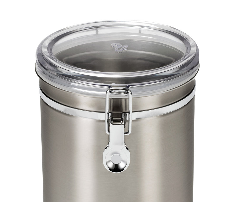 Nahaufnahme einer Aromadose 1 kg, Edelstahl, mit transparentem Deckel und Verschluss.