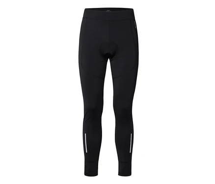 Schwarze Radhose mit gepolstertem Schritt und weißen reflektierenden Streifen an den Unterschenkeln.