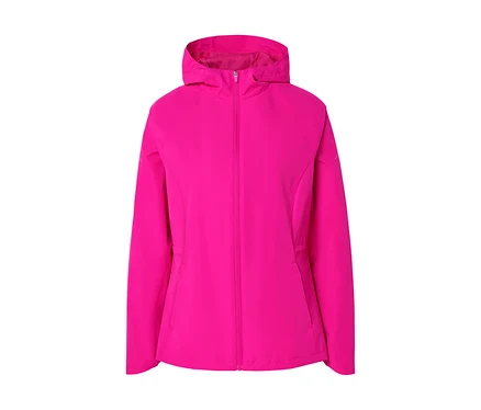 Eine pinke, gefütterte Jacke mit Kapuze ist mit einem Reißverschluss geschlossen.