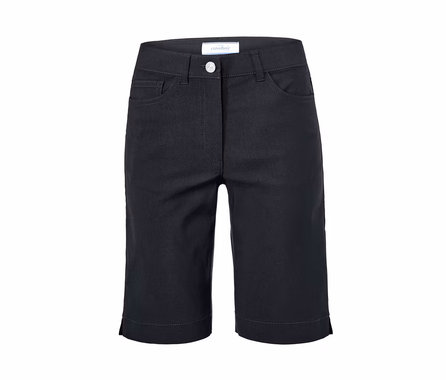 Schwarze Bengalin-Bermudashorts.