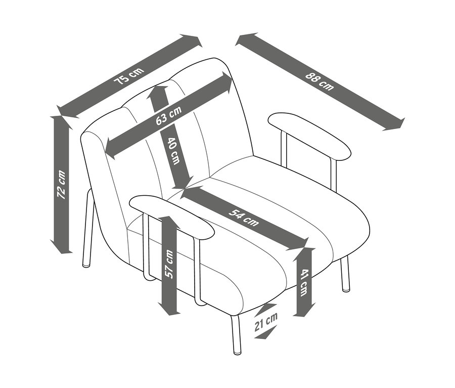 Maßangaben für einen Sessel mit Armlehne: 75 cm B, 88 cm T, 72 cm H. Sitz: 63 cm B, 54 cm T, 41 cm H. Armlehnenhöhe 57 cm.