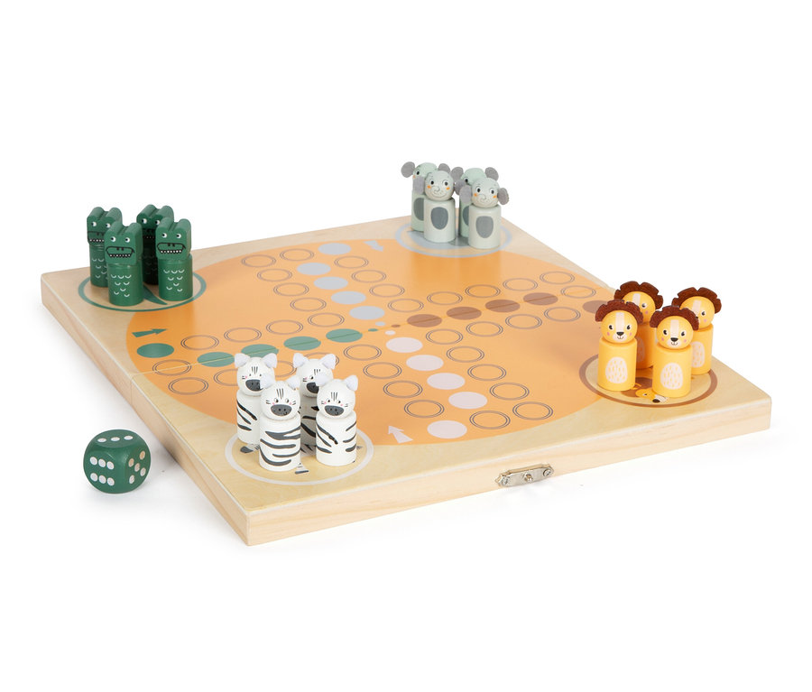Holz-Ludo »Safari«: Spielbrett mit Tierfiguren (Zebras, Löwen, Krokodile, Elefanten) und Würfel.