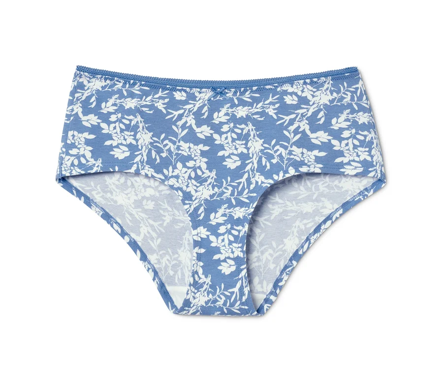 Ein blauer Slip mit weißem Blumenmuster, 1 von 5 Pantys.