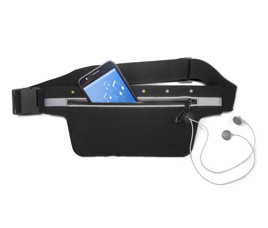 Schwarzer LED-Laufgürtel für Smartphones mit Smartphone und Kopfhörern.