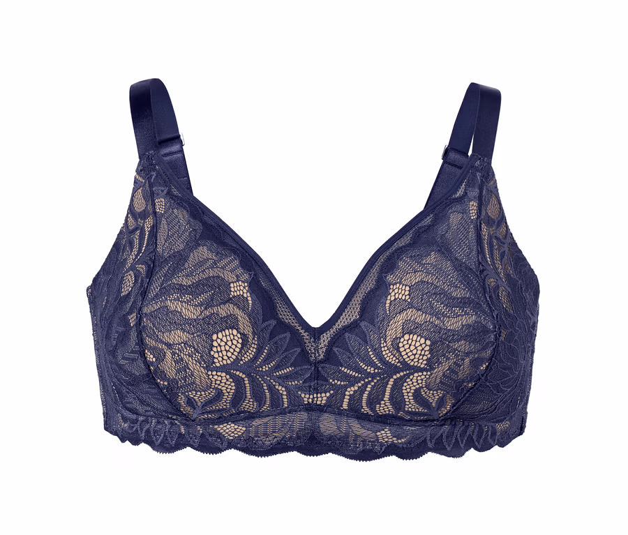 Detailansicht eines Soft-BHs mit blumiger Spitze in Dunkelblau.