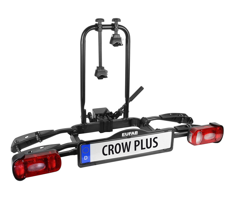 Schwarzer Fahrradträger »CROW Plus« mit Halterungen und Rückleuchten.