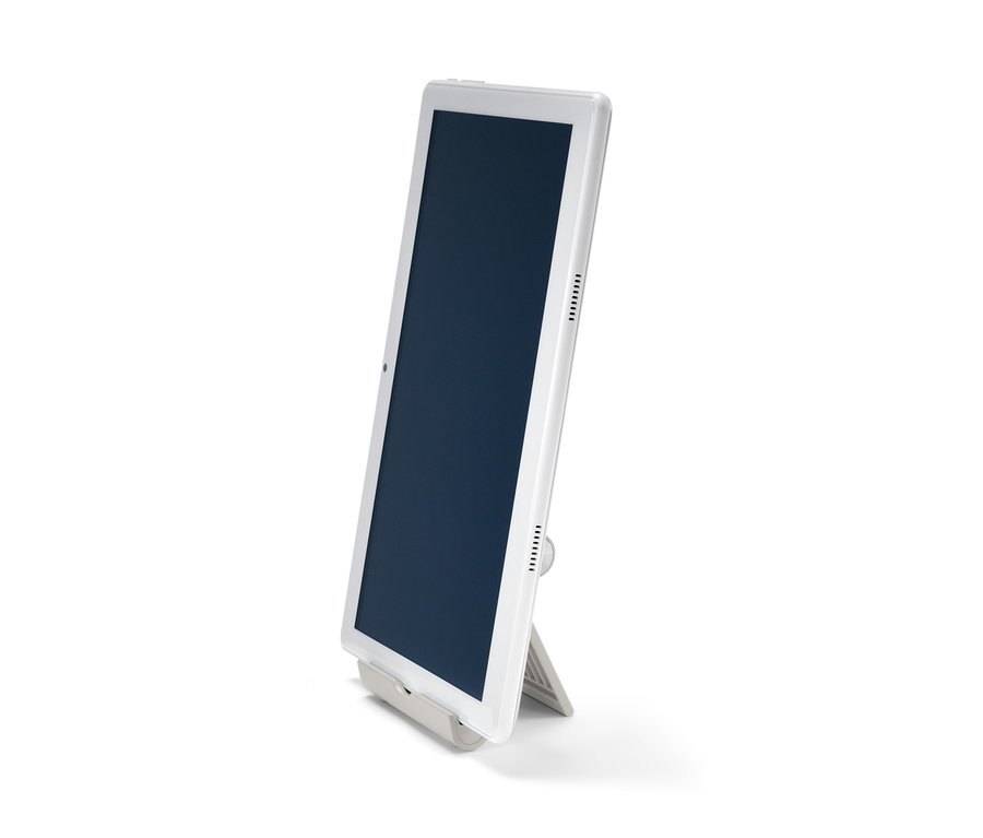 Ein grauer Smartphone- und Tablet-Ständer.