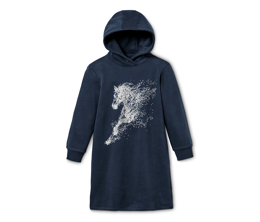 Ein marineblaues Sweatkleid mit Kapuze und einem Pferdeaufdruck.