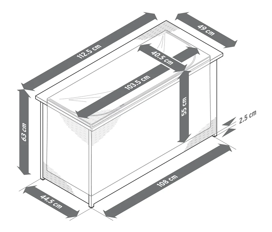 Abmessungen der Auflagenbox mit Polyrattangeflecht.