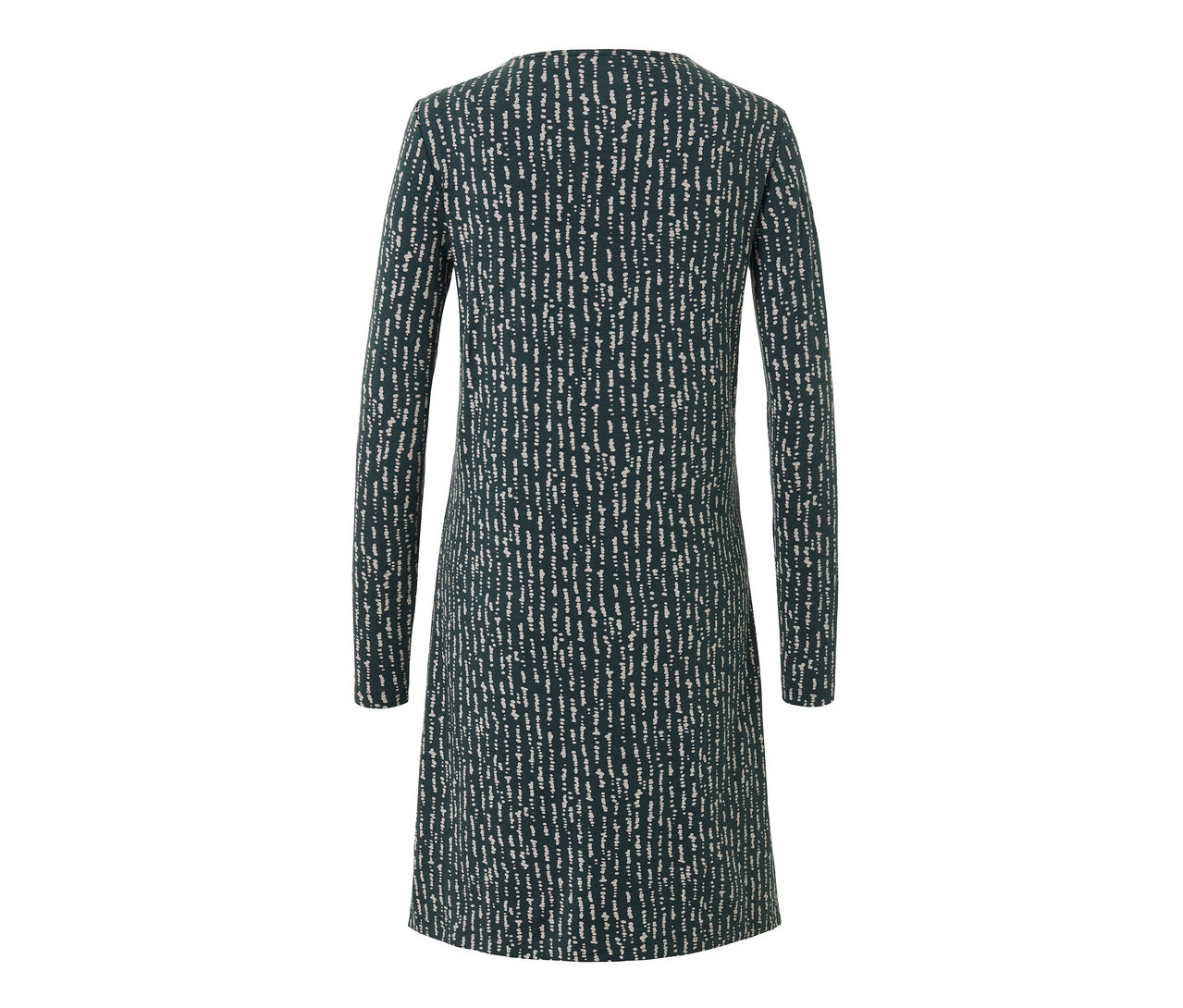 Rückansicht eines Nachthemds mit langen Ärmeln und dunkelgrünem Hintergrund mit weißem Muster.