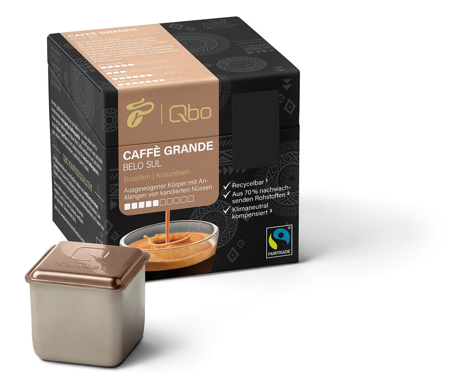Eine Packung Qbo Caffè Grande BELO SUL - 8 Kapseln und eine Kapsel neben der Packung.