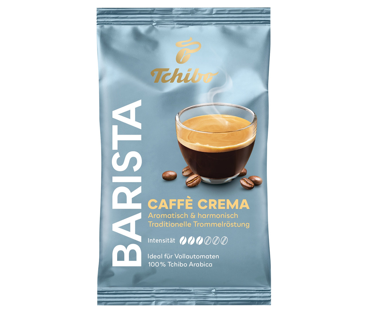 Eine Packung Caffè Crema, mit einer Tasse Kaffee und Kaffeebohnen.