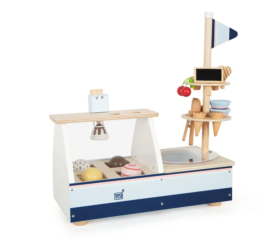 small foot Eistheke »fresh« Spieltheke aus Holz mit verschiedenen Eissorten, Kugeln, Schalen und Soße.