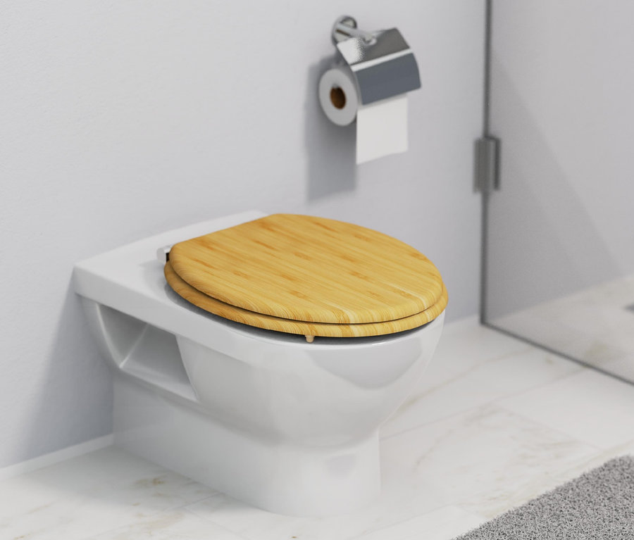 Weißes WC mit »Bambus« WC-Sitz mit Absenkautomatik.