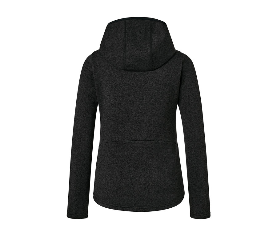 Rückansicht der schwarz melierten Strickfleece-Jacke mit Kapuze.