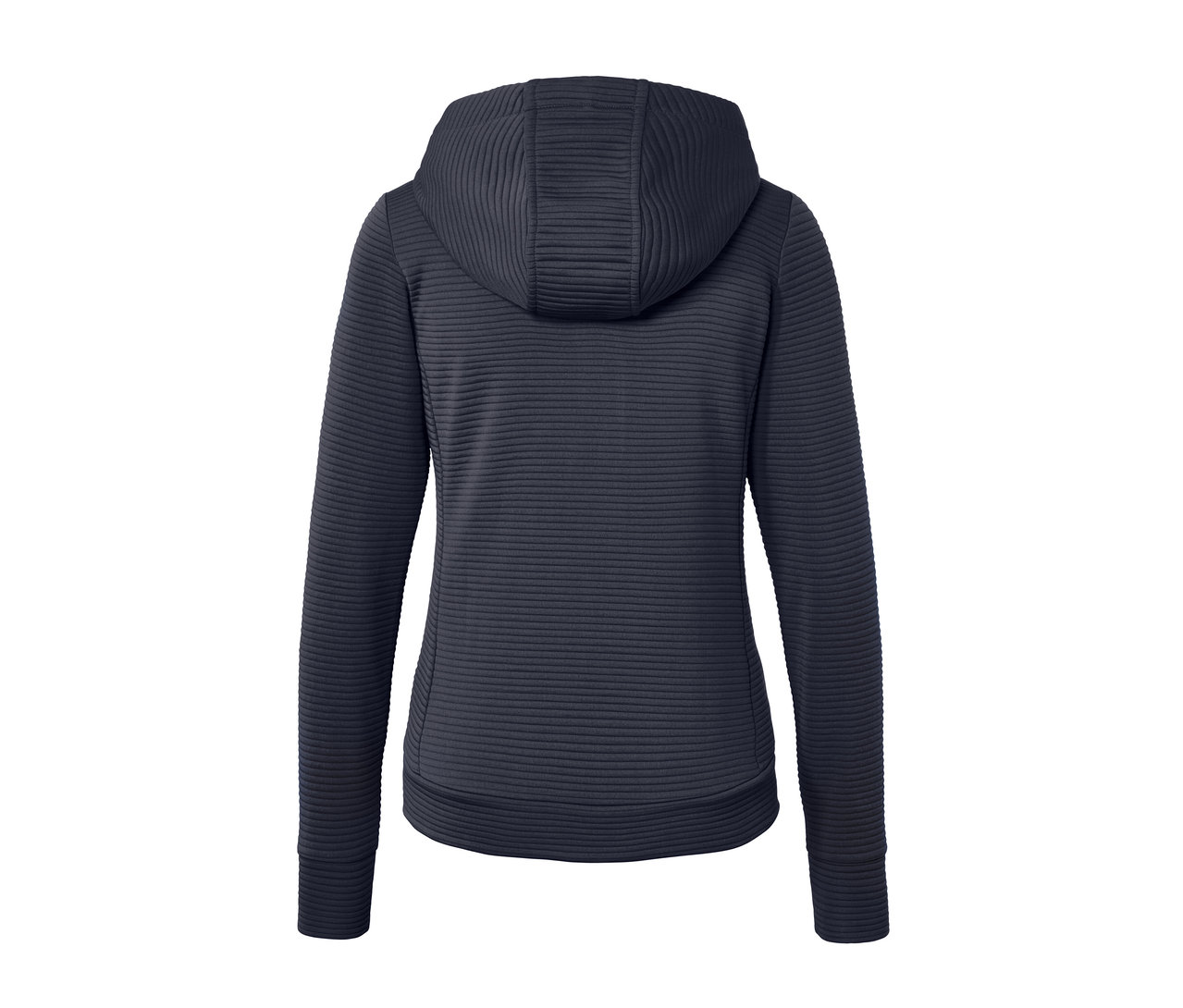 Detailansicht der Rückseite einer blauen Kapuzenjacke.