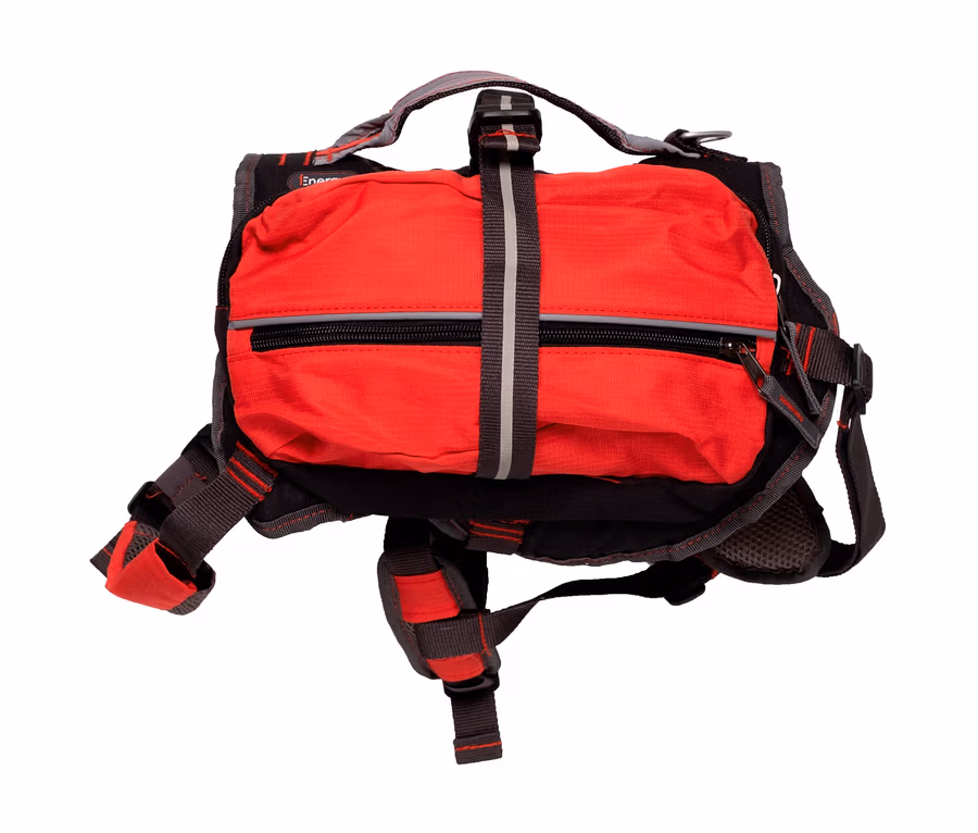 Ein roter und schwarzer Hunde-Rucksack mit Gurten auf einem weißen Hintergrund.