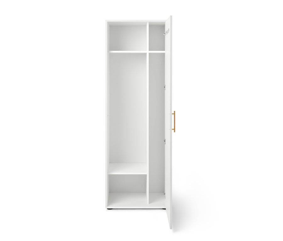 Offener Universalschrank mit Regalen und Kleiderhaken.