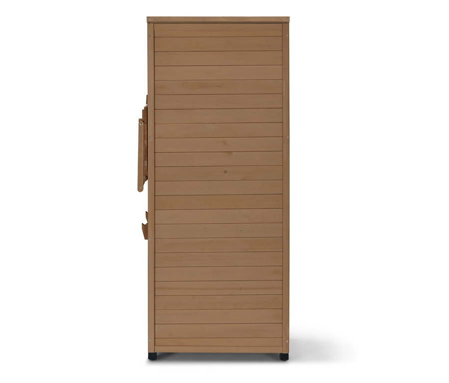 Seitenansicht des großen Gartenschranks »Tinus« mit hochklappbarem Seitenregal.