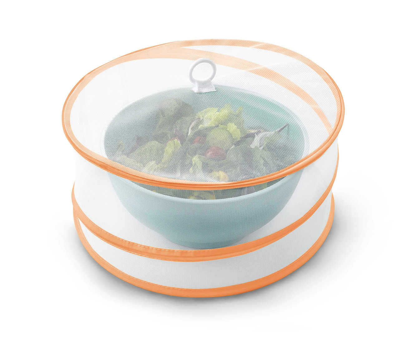 Salat in blauer Schüssel abgedeckt mit faltbarer Abdeckhaube.