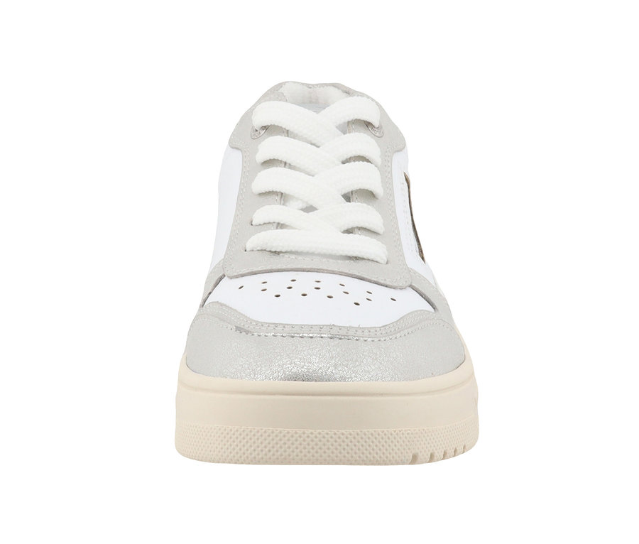 Frontansicht eines silber-weißen Tom Tailor Sneakers aus PU mit weißen Schnürsenkeln.