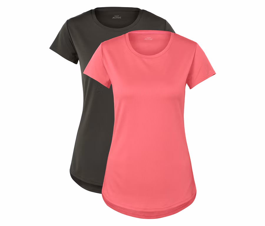 Zwei kurzärmelige Damen-T-Shirts, eines schwarz und eines pink, liegen nebeneinander.