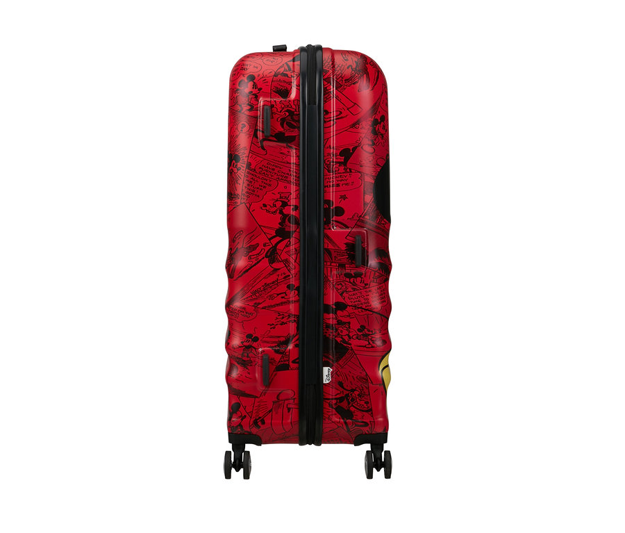 Roter American Tourister Wavebreaker »Mickey Mouse«, groß, mit schwarzen Comic-Mickey-Mouse-Bildern bedruckt.