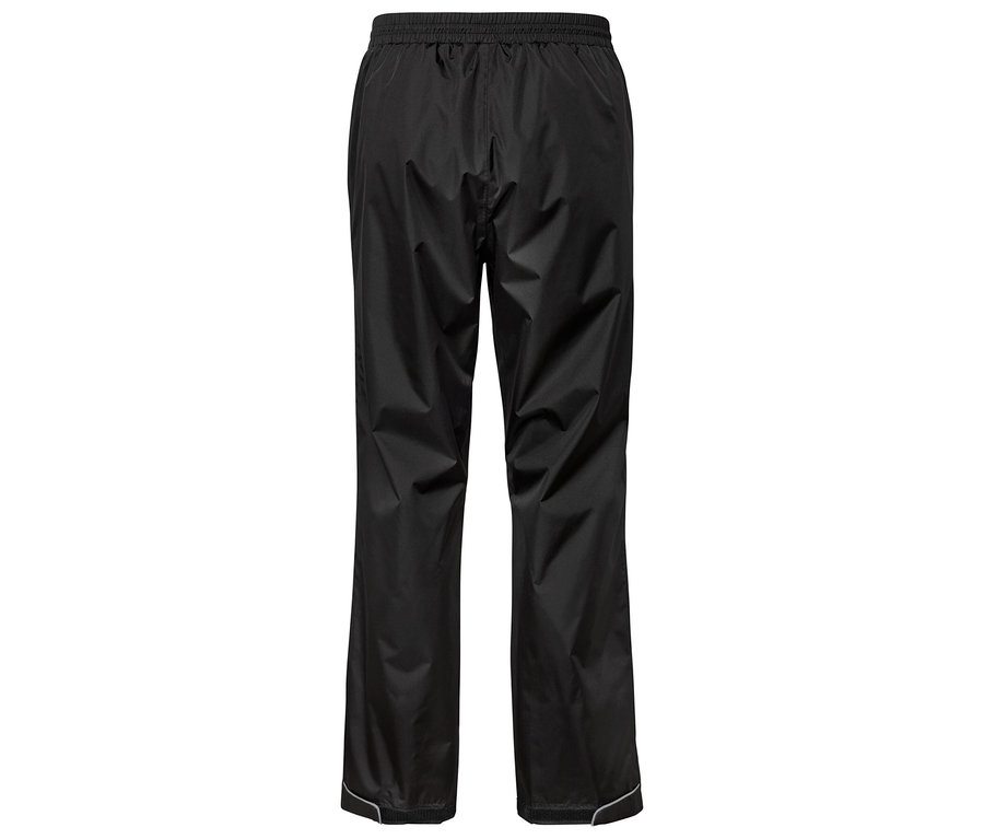 Schwarze Regenhose mit Kordelzug in der Taille und reflektierenden Details am unteren Saum.