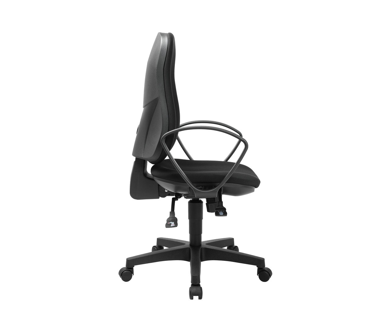 Seitenansicht des schwarzen Topstar Stuhls »Support SY« mit Armlehnen und Rollen.