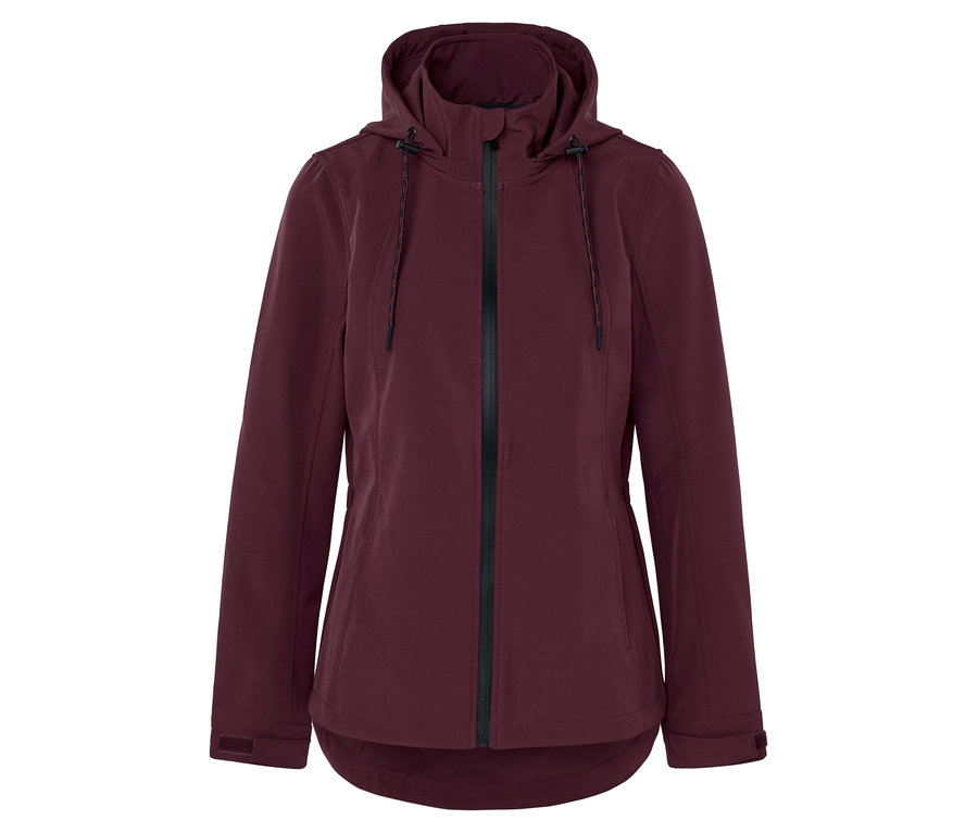 Weinrote Jacke mit Kapuze und schwarzem Reißverschluss in der Mitte.