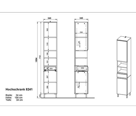 Zeichnung des Sets »Salinas« groß mit Kommode, Hochschrank, Waschbeckenunterschrank und Spiegel, graphit-eiche.