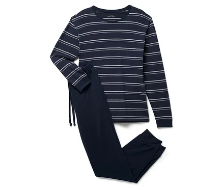 Blau gestreifter Schlafanzug mit langen Ärmeln und Hose.