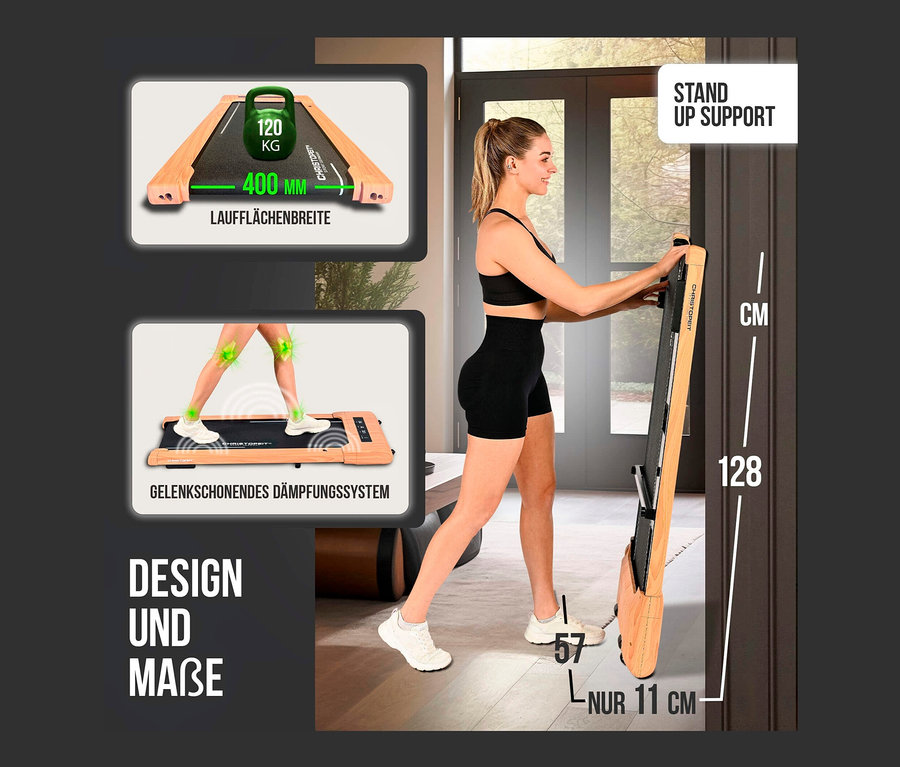Frau steht neben dem zusammengeklappten Walking-Pad »4.2 Holzoptik«.