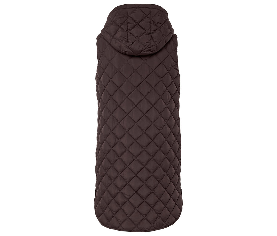 Rückansicht einer langen, gesteppten, braunen Weste mit Kapuze.