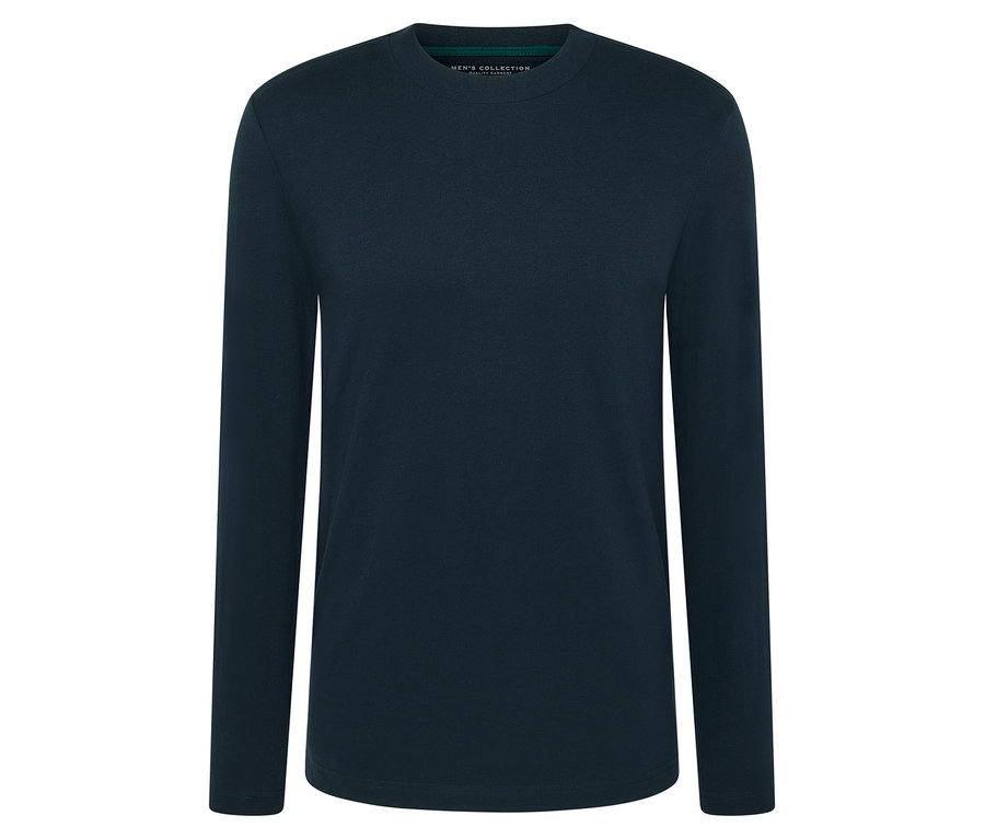 Ein dunkelblaues Langarmshirt auf weißem Hintergrund.