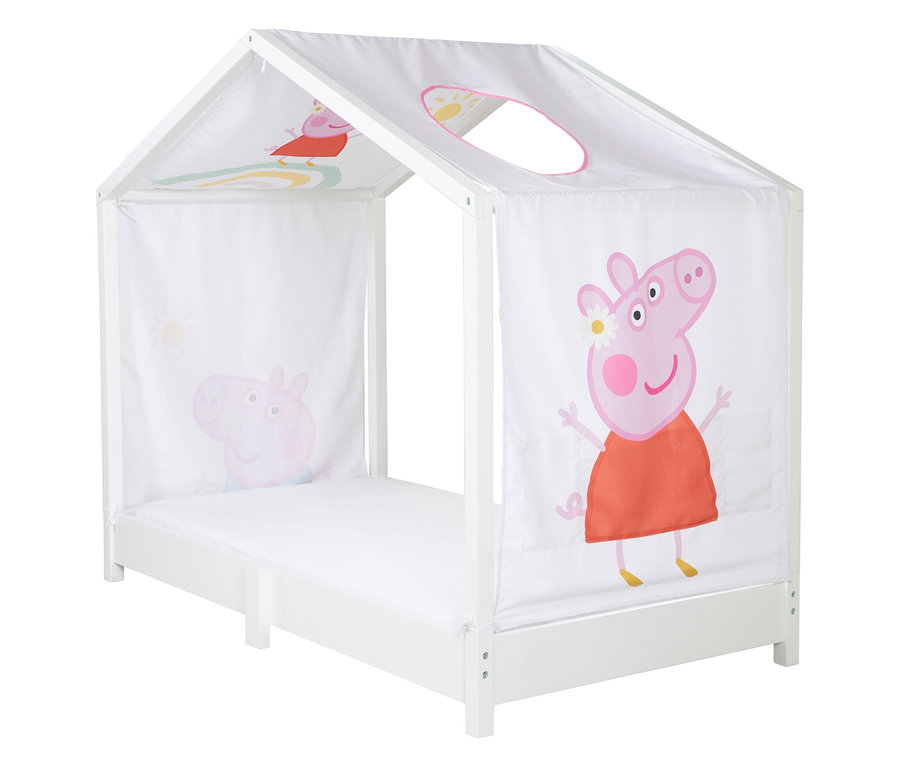 Weißes Kinderbett im Hausstil mit Peppa Pig-Motiven auf Stoffbahnen.