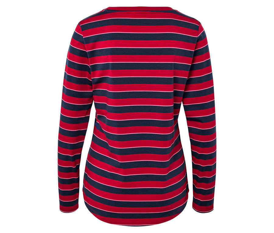 Rückansicht eines rot-blau gestreiften Langarmshirts.