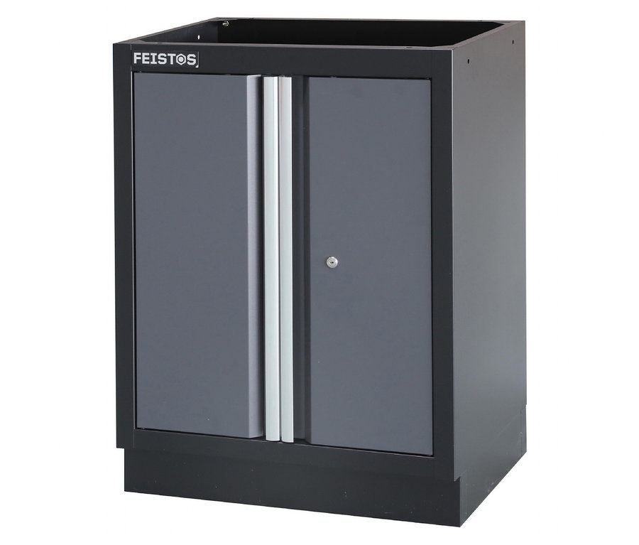 Ein schwarzer FEISTOS Werkzeugschrank »Apollo 5« mit silbernen Griffen an grauen Türen.
