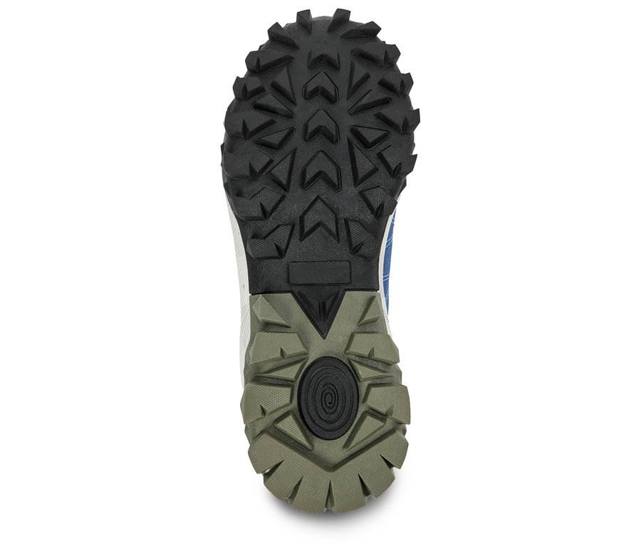 Sohle eines Schuhs mit einem schwarzen, braunen und marineblauen Muster.