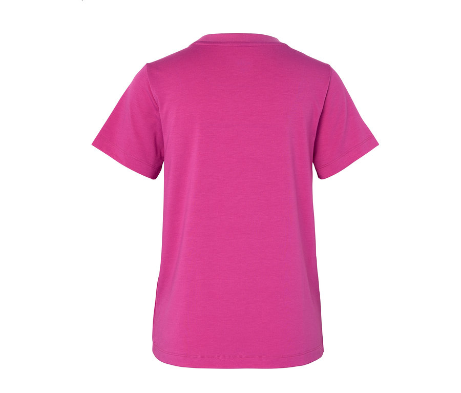 Rückansicht eines pinkfarbenen T-Shirts mit kurzen Ärmeln.