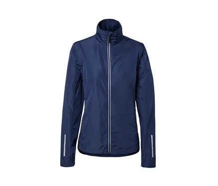 Blaue 2-in-1-Fahrradjacke mit Reißverschluss.