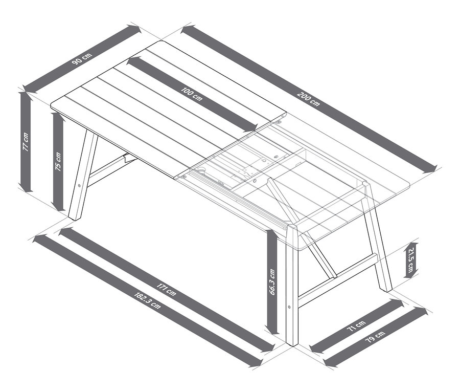 Die Abbildung zeigt einen ausziehbaren Gartentisch mit rustikalem Gestell, ca. 200-250 cm, mit den zugehörigen Maßen.