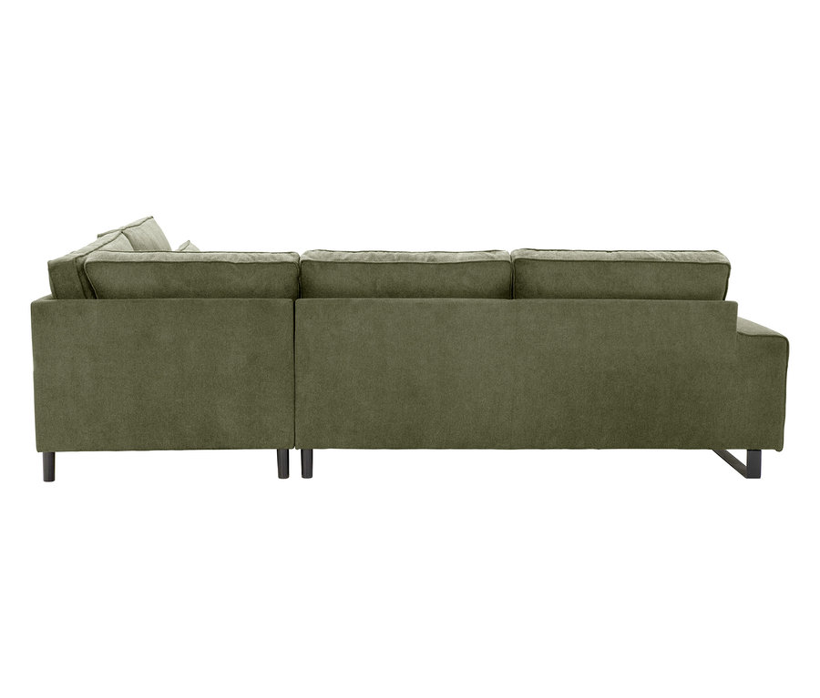 Rückansicht eines olivgrünen modularen Ecksofas mit schwarzen Füßen.