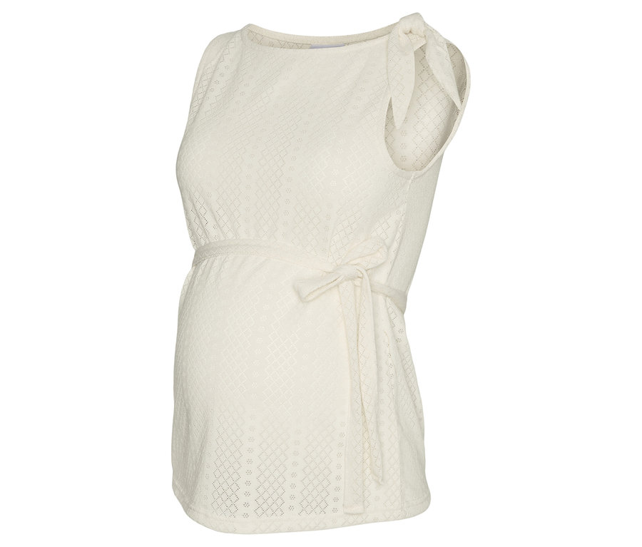 Ärmelloses, weißes Umstandstop mit Schleife an der Schulter und Bindeband unterhalb der Brust.