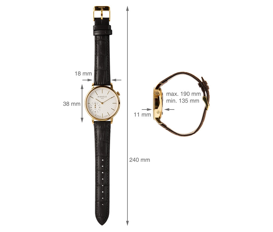 Abbildung der Kienzle Uhr »Active Motion« mit Maßangaben zu Bandlänge, Gehäusedurchmesser und -höhe.