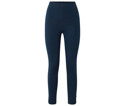 Dunkelblaue Leggings mit Raffungen an den Knöcheln.