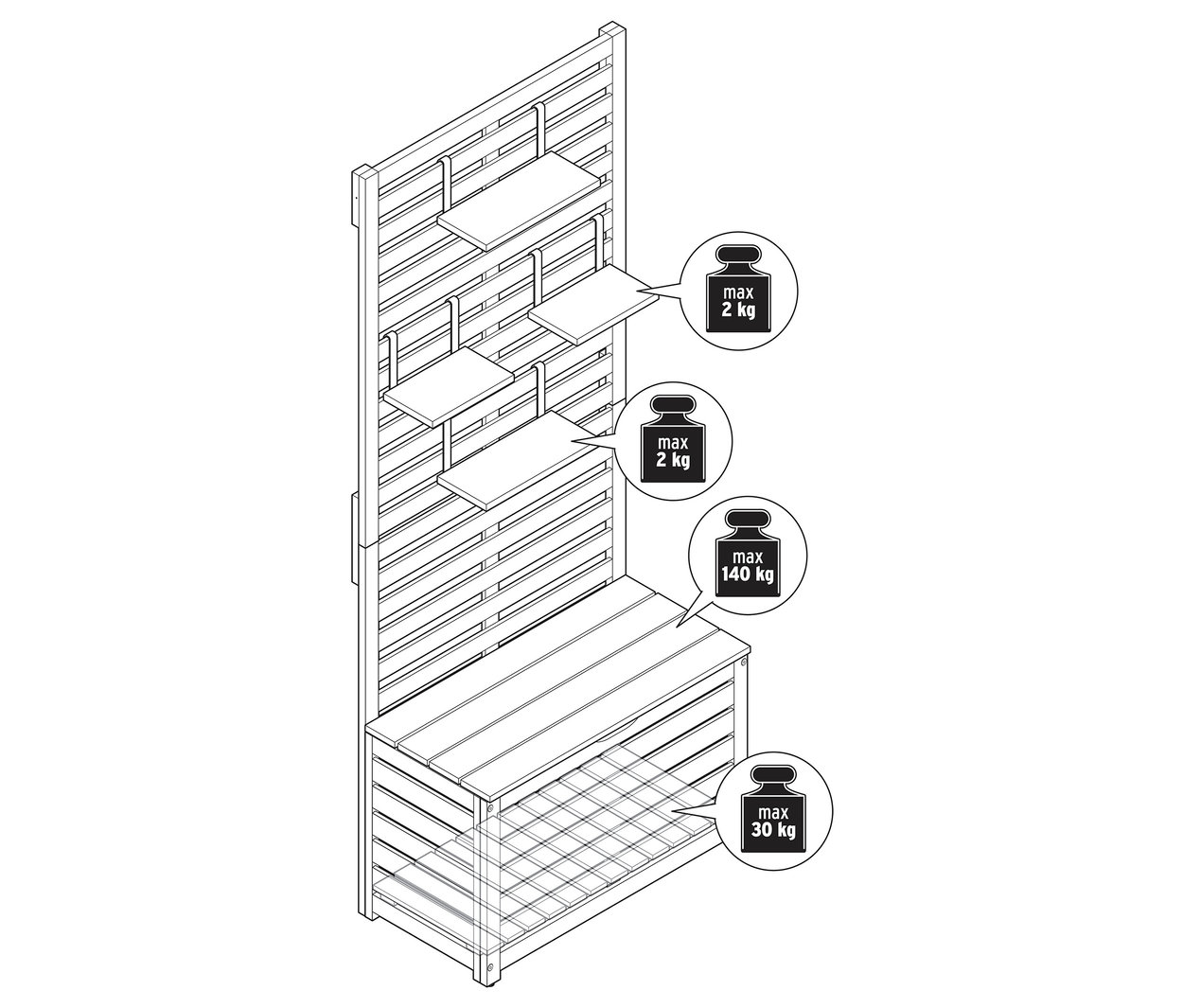 Draufsicht einer Balkonsichtschutzbank mit Stauraum und Gewichtsangaben.