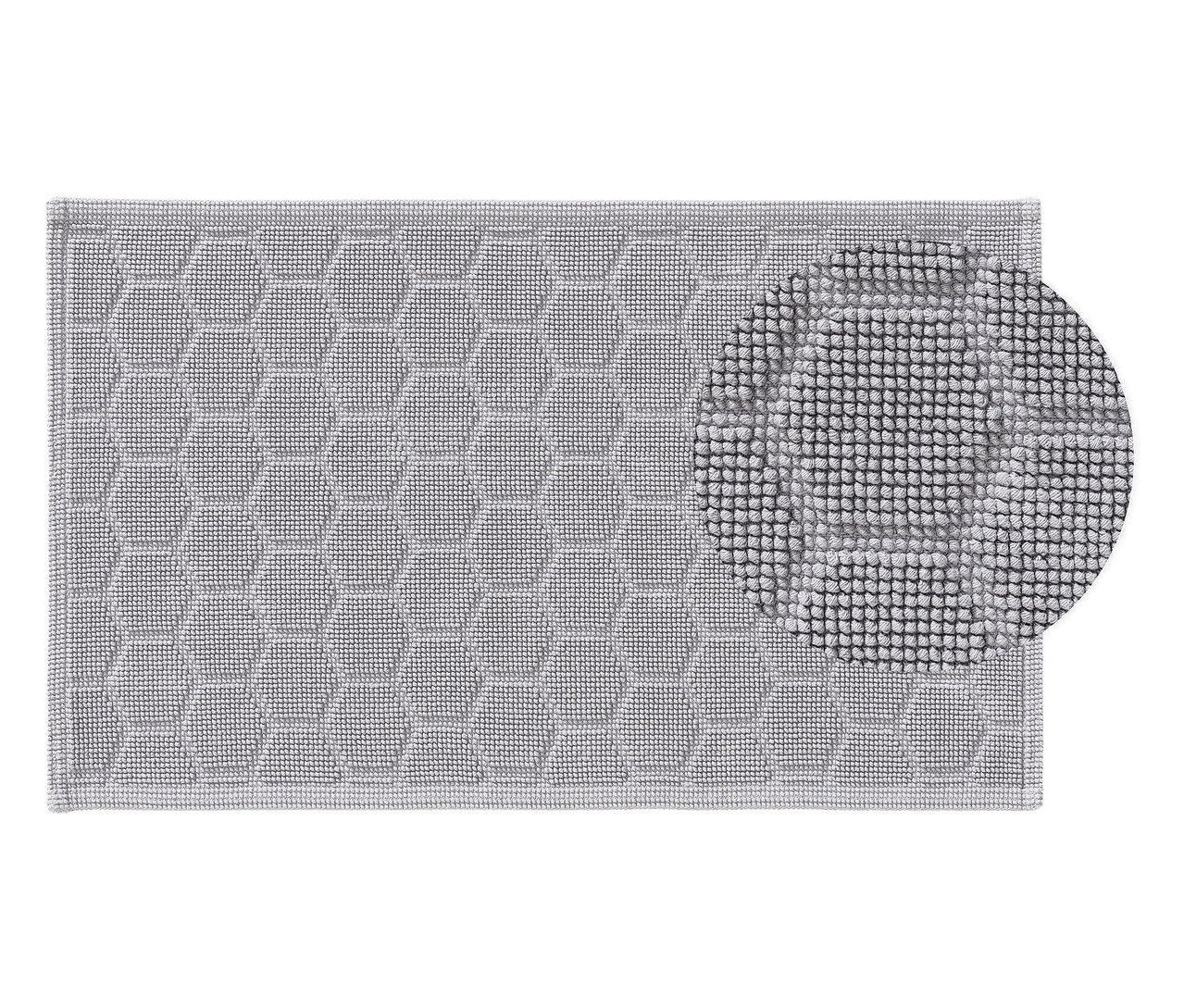 Graue Badematte mit geometrischem Muster und Detailansicht der Textur.